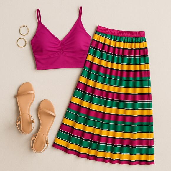 Vintage Personal Rainbow Striped Pleated Midi Skirt Size S with Pink Crop Top - Picture 1 of 9